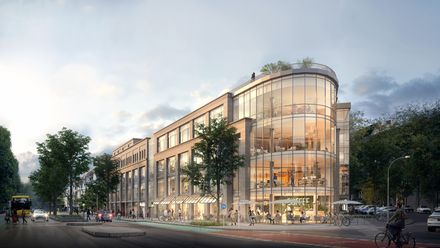 Visualisierung des Mixed-Use-Gebäudes an der Berliner Schloßstraße mit verglaster Eckfassade und den künftigen Brera Serviced Apartments.