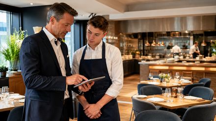 Ein Ausbilder erklärt einem Azubi in einem modernen Hotelrestaurant betriebliche Abläufe an einem Tablet.