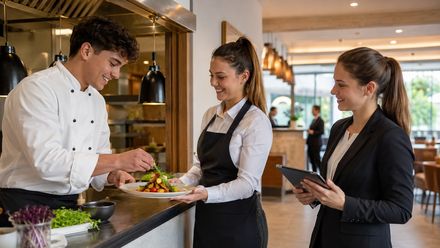 Drei junge Mitarbeiter aus Küche, Service und Hotelmanagement arbeiten gemeinsam in einem modernen Hotelrestaurant.