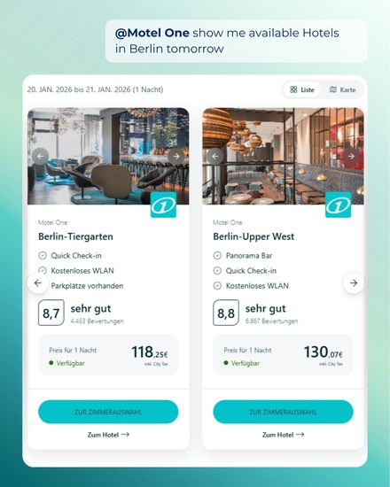 Screenshot der Motel-One-Hotelsuche in ChatGPT mit verfügbaren Hotels, Preisen und Bewertungen in Berlin.