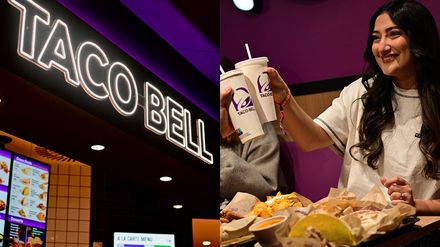Taco Bell Logo und Frau im Restaurant