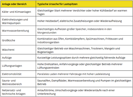Tabelle: Anlagen und Bereiche mit ihren jeweiligen Ursachen für Lastspitzen