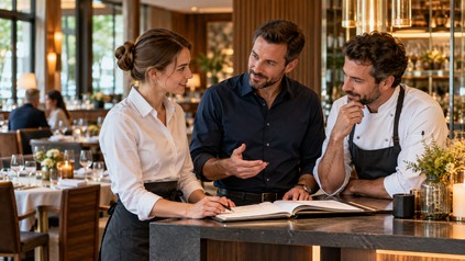 Drei Kollegen aus Service, Restaurantleitung und Küche besprechen gemeinsam Reservierungen in einem Hotelrestaurant.
