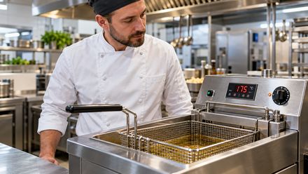 Koch kontrolliert eine Fritteuse mit digitaler Temperaturanzeige in einer professionellen Gastronomieküche.