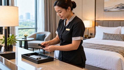 Hotelmitarbeiterin prüft ein Smartphone mit Ladekabel und Powerbank auf einem Schreibtisch im Hotelzimmer.
