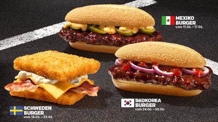 Eine McDonaldswerbung, die drei neue Burger anpreist: Mexiko Burger, Schweden Burger und Südkorea Burger