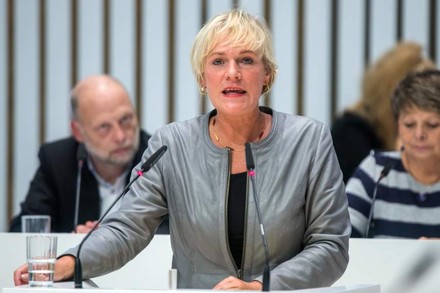 Eine Politikerin der Linken am Rednerpult