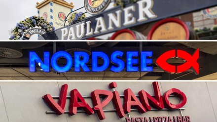 Paulaner-, Nordsee- und Vapiano-Schriftzug