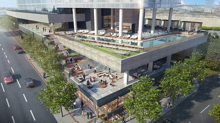 Grafik eines geplanten Marriott-Hotels in Nashville mit Terrassen und Außenpool