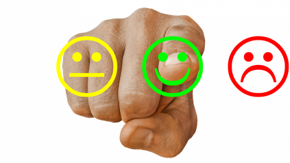 Finger zeigt Richtung Kamera. Smiley neutral, fröhlich, traurig