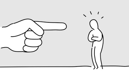 Ein Finger zeigt auf eine empörte Strichmännchenfigur