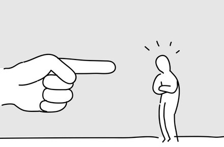 Ein Finger zeigt auf eine empörte Strichmännchenfigur