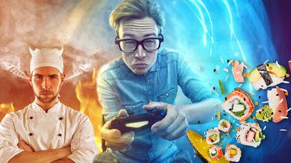 Zwei Köche, die sich mit einem Computerspiel unterhalten