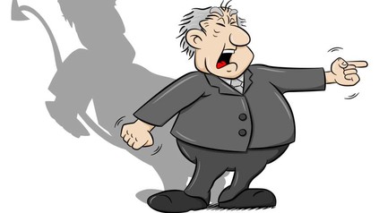 Mann deutet wütend auf jemanden, sein Schatten hat die Form des Teufels