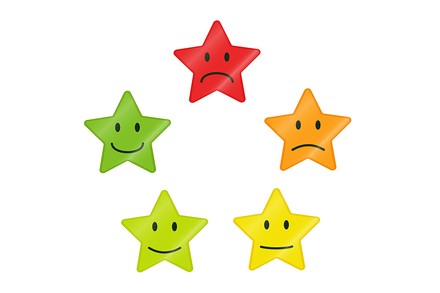 5 Sterne mit Gesichtern, alle in anderer Stimmungslage