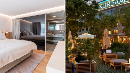 Blick in eines der neugestalteten Gästezimmer und auf die Terrasse des neuen Swissôtel Kursaal Bern