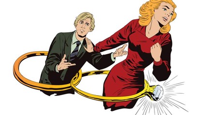 Riesige Hochzeitsringe um Mann und Frau