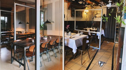 Glastrennwände als eine vieler Schutzmaßnahmen für die Gäste im „Naïv“ (l.) oder im „Landwehrstübchen“ (r.) in Frankfurt