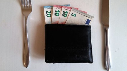 Geldbeutel mit heraushängenden Geldscheinen, Messer und Gabel