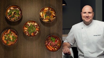 Asiatische und schwäbische Bowls auf der linken Seite, rechts der Koch Christoph Hormel