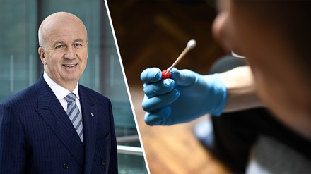 Marcus Bernhardt, CEO der Deutschen Hospitality, links; rechts die Nahaufnahme eines Mannes, der sich mit einem Wattestäbchen für die Nase im Rahmen eines Corona Schnelltests selbst testet