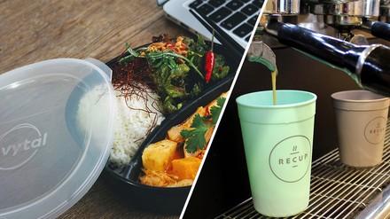 Eine nachhaltige Bowl-Schale von Vytal; zwei ReCup-Becher stehen bei einer Kaffeemaschine