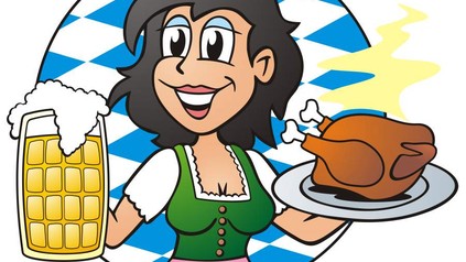 Zeichnung Frau mit Bierkrug und Hähnchen in den Händen