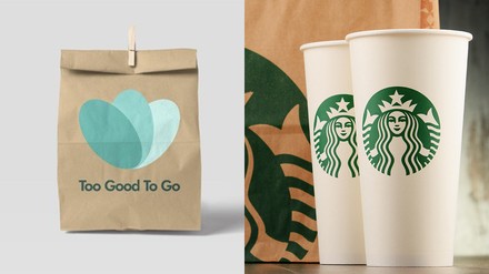 Starbucksbecher und eine Papiertüte mit dem Logo von Too Good To Go