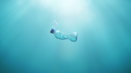 Eine Plastikflasche im Meer