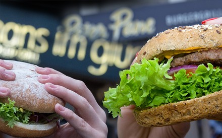 Zwei Cheeseburger vor den beioden Logos von Hans im Glück und Peter Pane