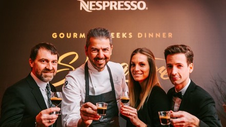 Marketing Director Nespresso Österreich Claus Reisinger, Starkoch Andrea Berton, Marketing Manager Brand Communication Nespresso Österreich Marion Gruber und Coffee Ambassador Nespresso Österreich Michael Ilsanker