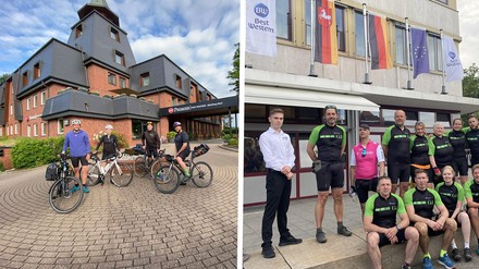 Zwischenstopp bei Best Western: Drei Hotels in Hamburg (links), Bremen und Osnabrück (Bild rechts) haben die gemeinsame Rad-Challenge und Spendenaktion von Mitarbeitenden von RTL Deutschland und Gruner + Jahr unterstützt. (Fotos: © RTL Deutschland)