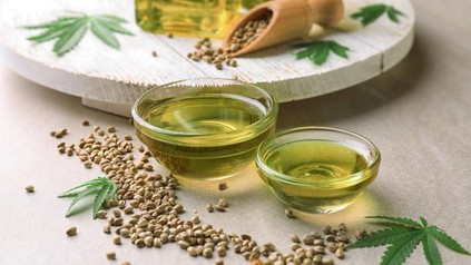 Zwei Schälchen mit Öl und Cannabisblätter drumherum