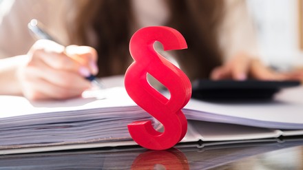 Ein Rotes Paragraph-Zeichen, dahinter eine arbeitende Person