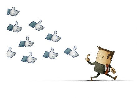 Facebook Daumen-hoch-Symbole folgen Mann, der mit dem Zeigefinger winkt