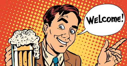Zeichnung Mann hält Bierkrug und sagt „welcome!“