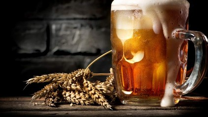 Ein frisch gezapftes Bier steht mit Getreide auf einem Holztisch