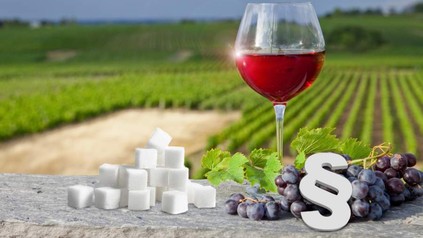 Ein Glas wein steht zusammen mit Weintrauben, Würfelzucker und einem Paragraphenzeichen auf einer Steinmauer vor einem Weinberg