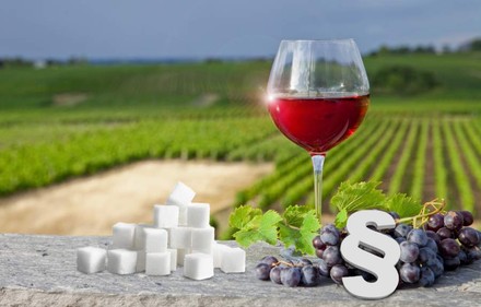 Ein Glas wein steht zusammen mit Weintrauben, Würfelzucker und einem Paragraphenzeichen auf einer Steinmauer vor einem Weinberg