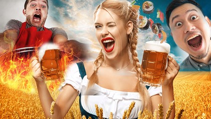Frau mit Bierkrügen und zwei Männer.