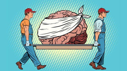 Zwei Männer transportieren riesiges Gehirn auf Trage